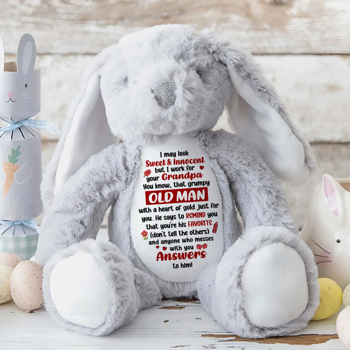 I Work For Your Grandpa - Personalized Stuffed Bunny - Image 8