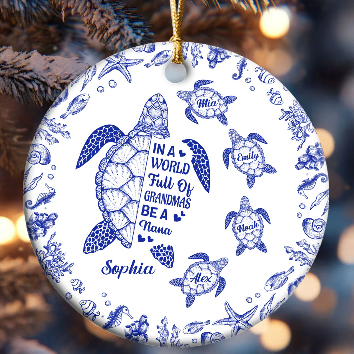 In A World Full Of Grandmas Be A Nana Toile De Jouy - Personalized Round Shaped Ceramic Ornament - Image 6