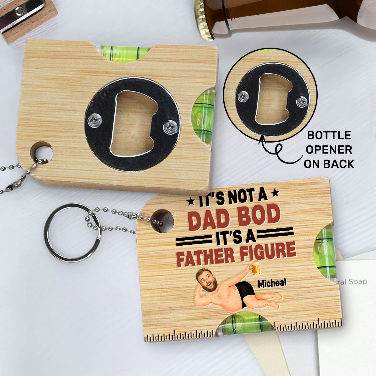 It’s Not A Dad Bod It’s A Father Figure - Personalized Spirit Level Bottle Opener Keyring