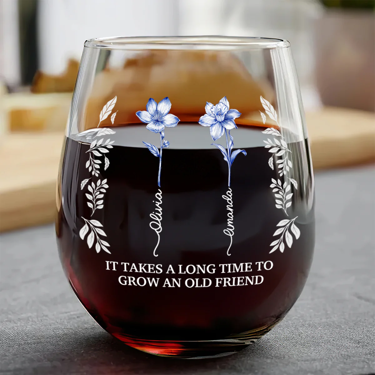 It Takes A Long Time To Grow An Old Friend - Personalized Stemless Wine Glass
