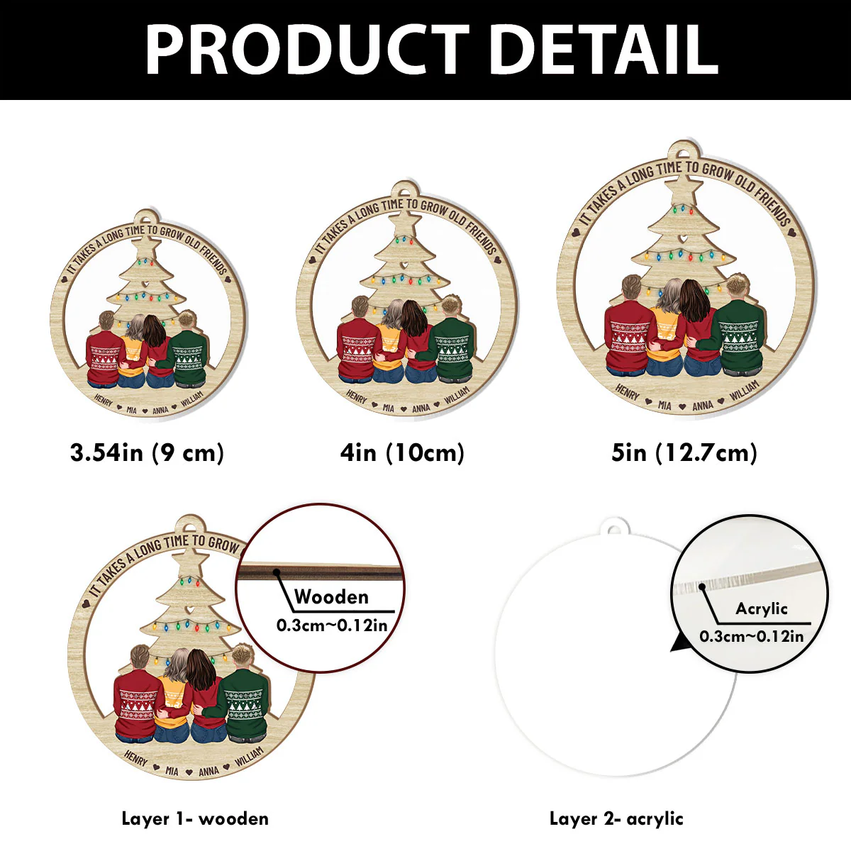It Takes A Long Time To Grow Old Friends - Personalized 2-Layered Wooden & Acrylic Ornament - Image 4