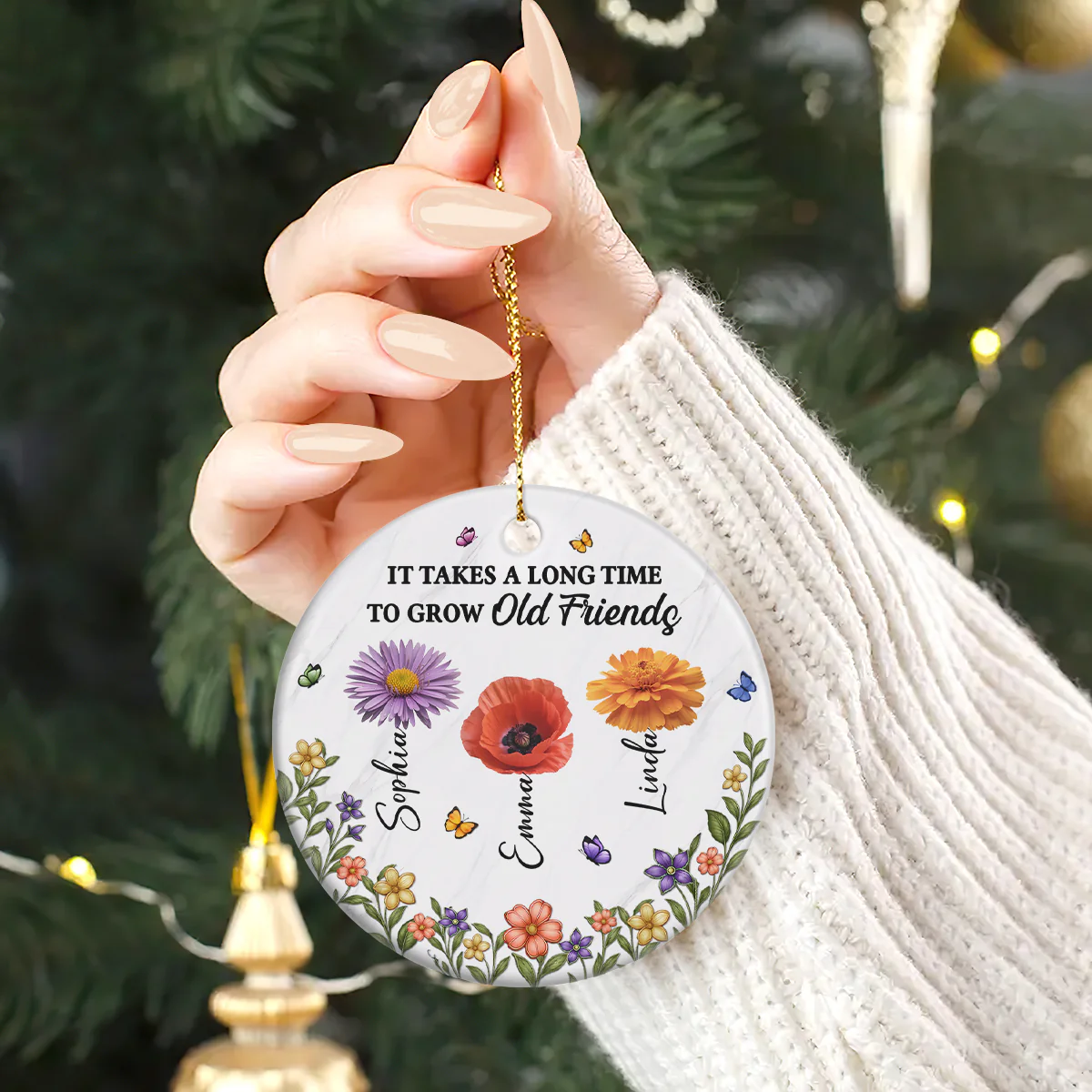 It Takes A Long Time To Grow Old Friends - Personalized Round Shaped Ceramic Ornament - Image 2