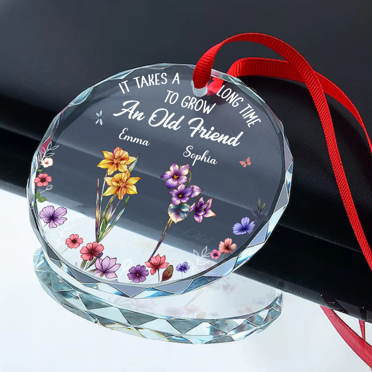 It Takes A Long Time To Grow Old Friends - Personalized Round Shaped Glass Ornament - Image 2