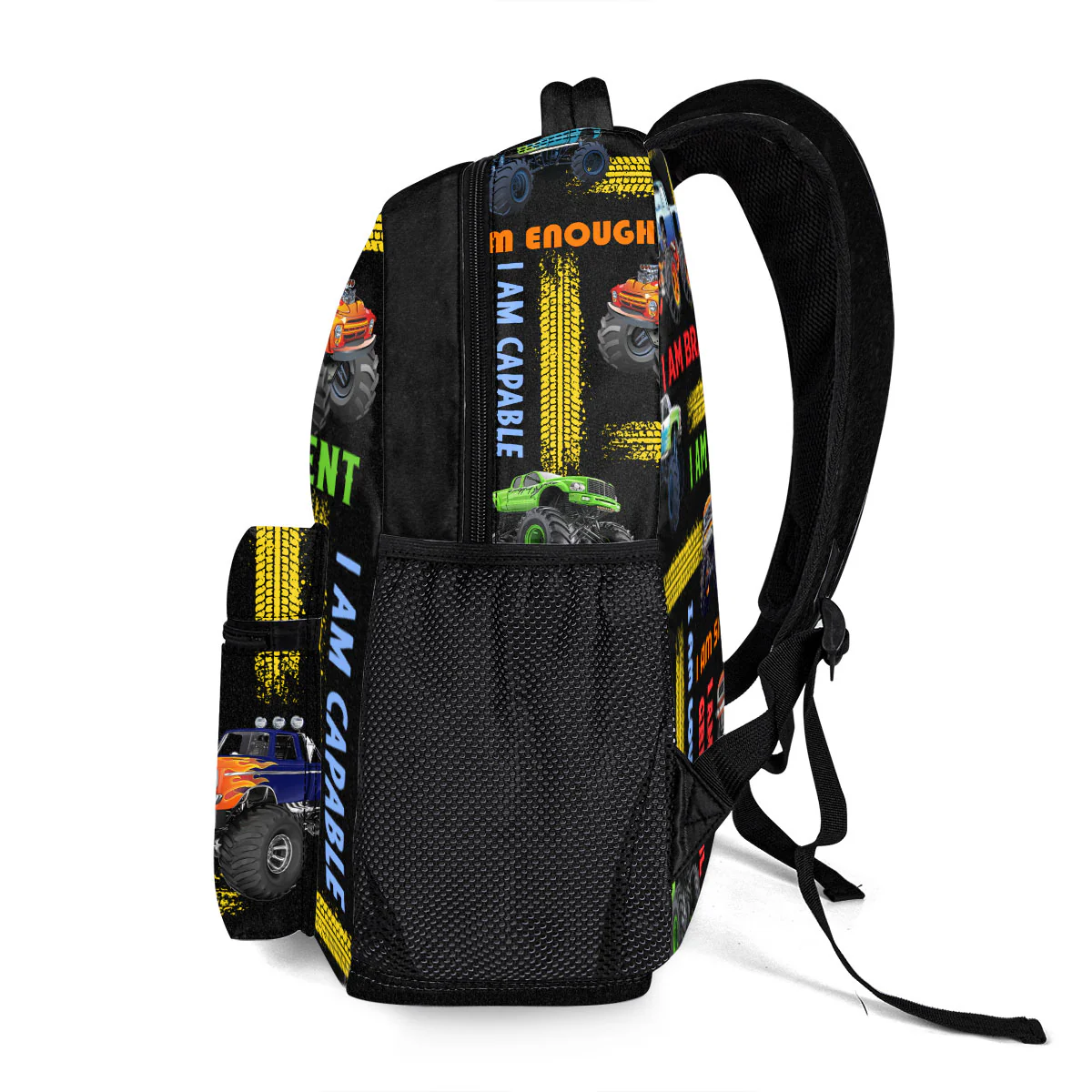 Kid Affirmations With Monster Trucks Pattern - Personalized Backpack - Image 3
