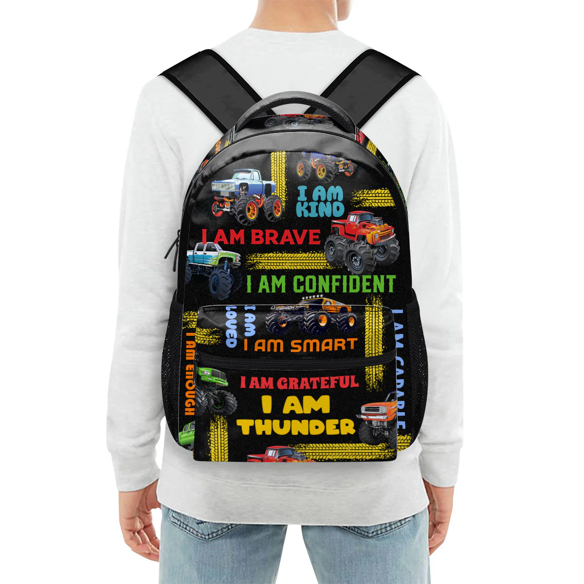 Kid Affirmations With Monster Trucks Pattern - Personalized Backpack - Image 4