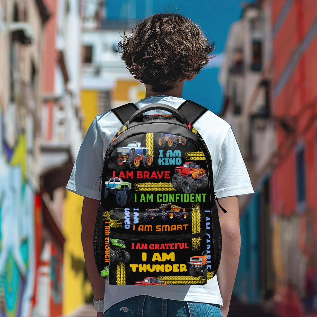Kid Affirmations With Monster Trucks Pattern - Personalized Backpack - Image 5