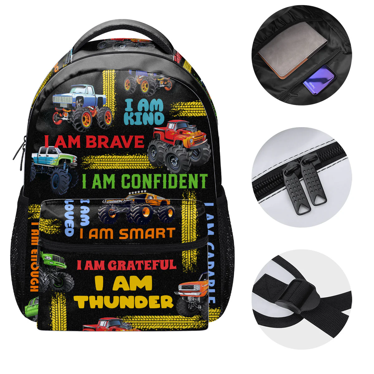Kid Affirmations With Monster Trucks Pattern - Personalized Backpack - Image 8