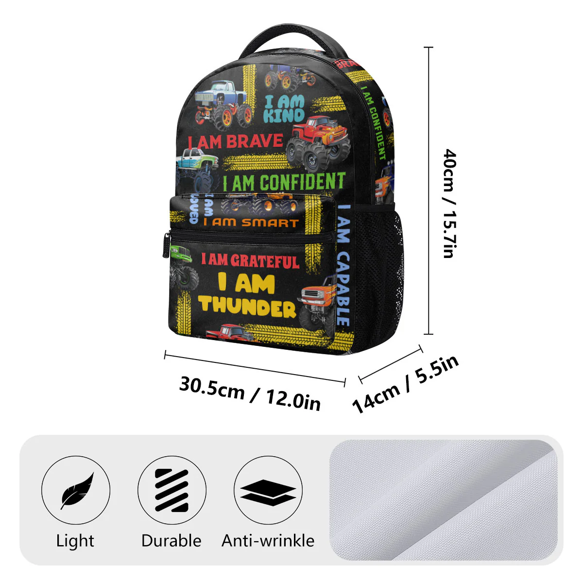 Kid Affirmations With Monster Trucks Pattern - Personalized Backpack - Image 9