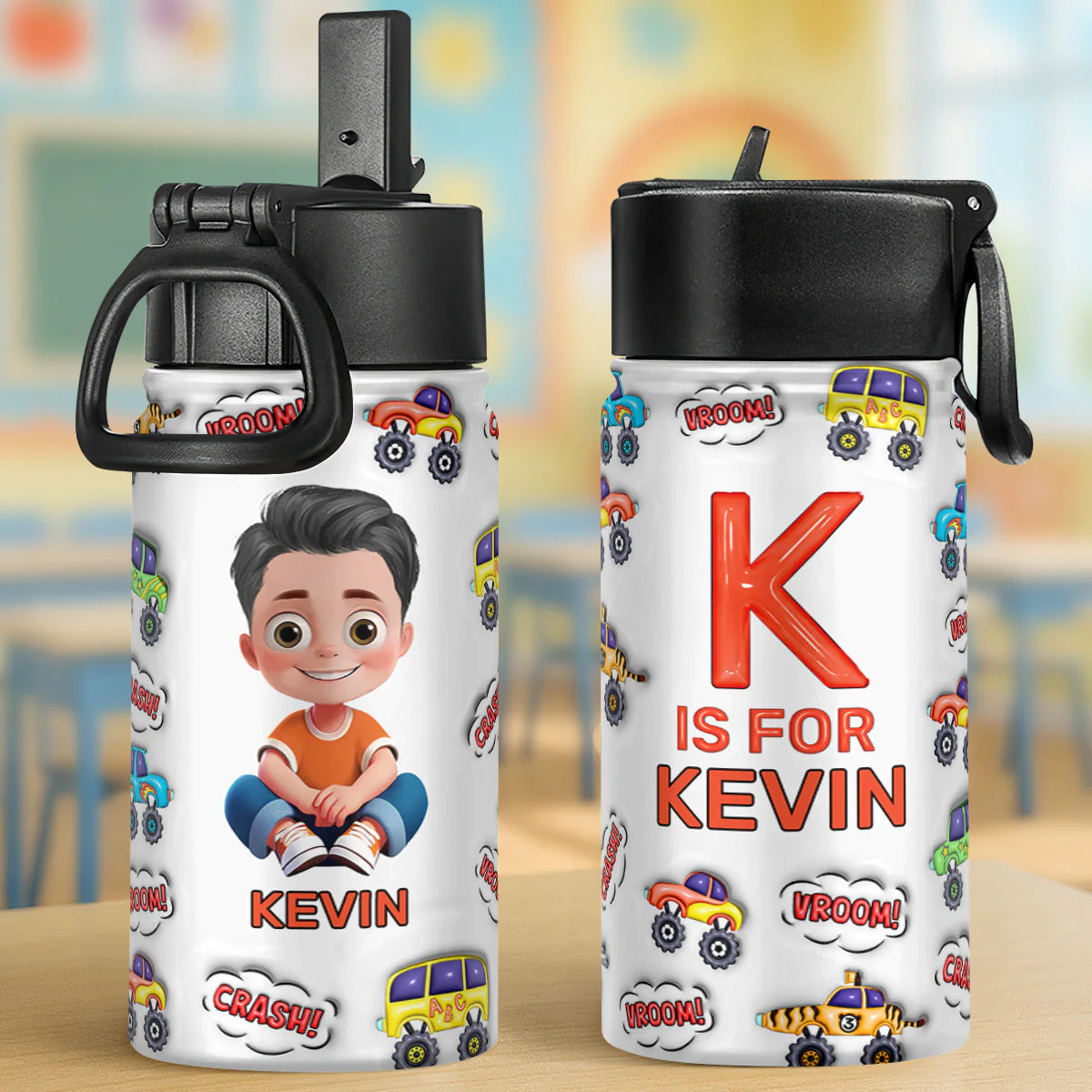 Kid Truck Back To School 3D Inflated Effect - Personalized Kids Stainless Steel Water Bottle