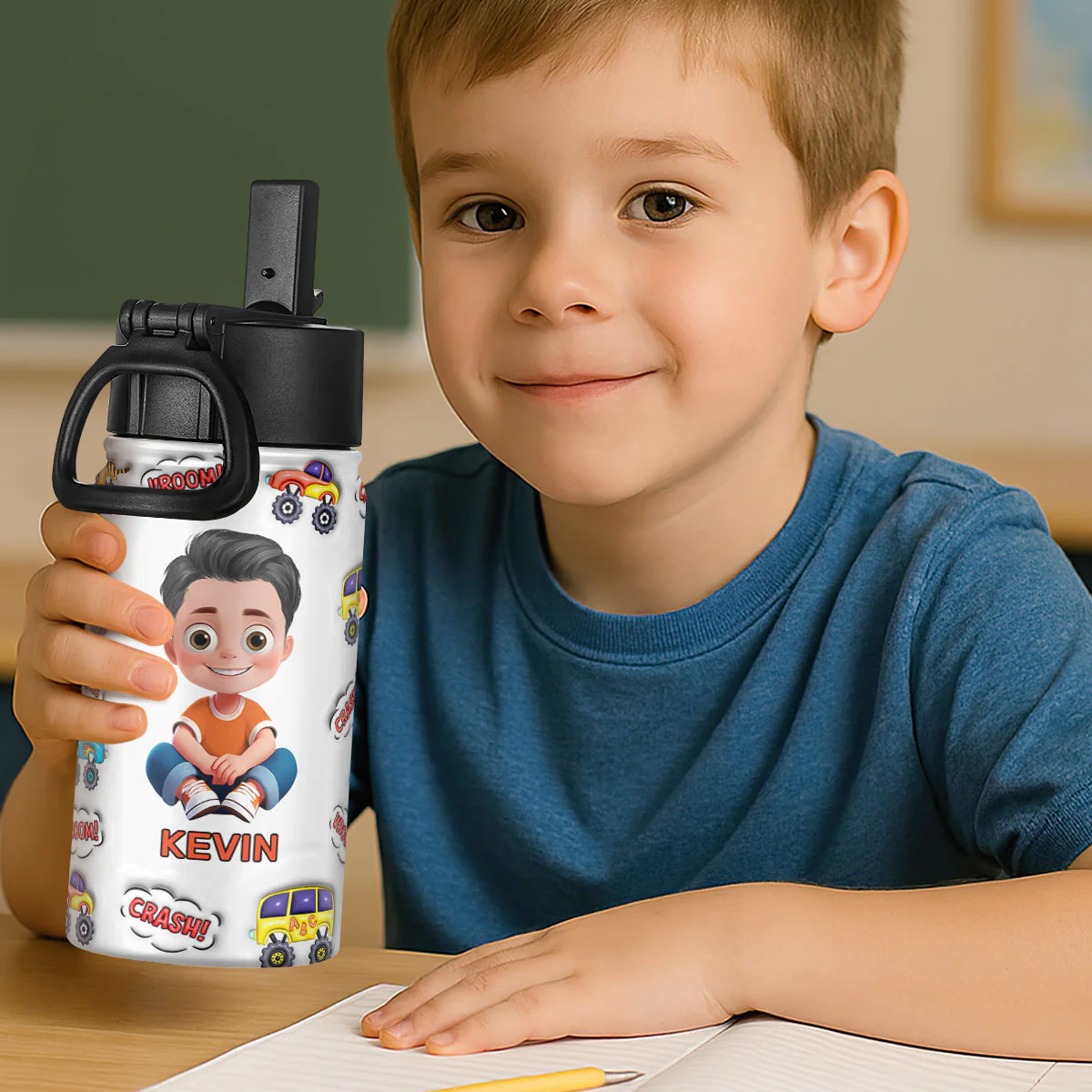 Kid Truck Back To School 3D Inflated Effect - Personalized Kids Stainless Steel Water Bottle - Image 2