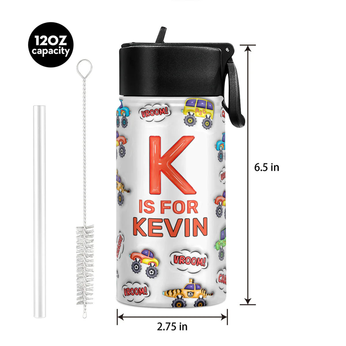Kid Truck Back To School 3D Inflated Effect - Personalized Kids Stainless Steel Water Bottle - Image 4