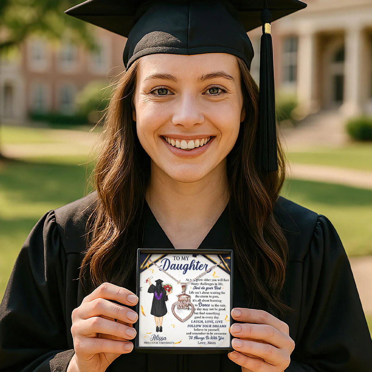 Laugh Love Follow Your Dreams - Personalized Grad Cap Heart Necklace With Box&Card - Image 4