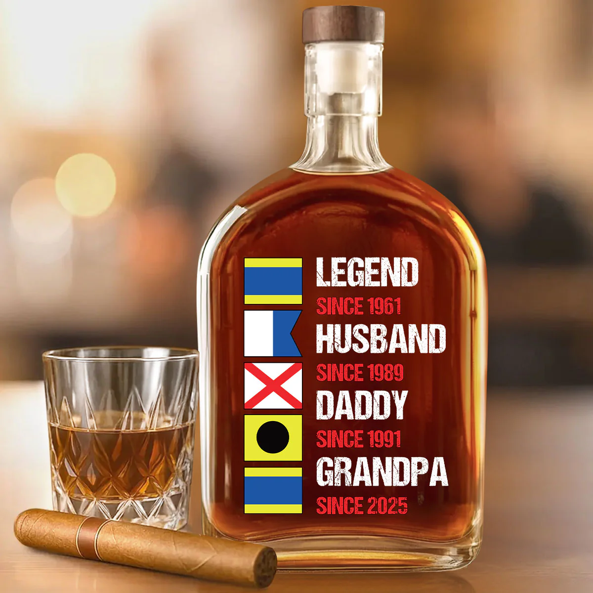 Legend, Husband, Dad And Grandpa Name In Nautical Flags - Personalized Whiskey Bottle - Image 2