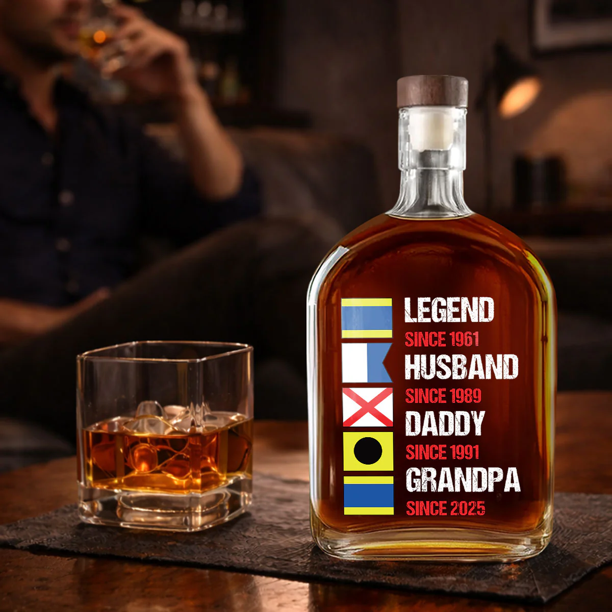 Legend, Husband, Dad And Grandpa Name In Nautical Flags - Personalized Whiskey Bottle - Image 3