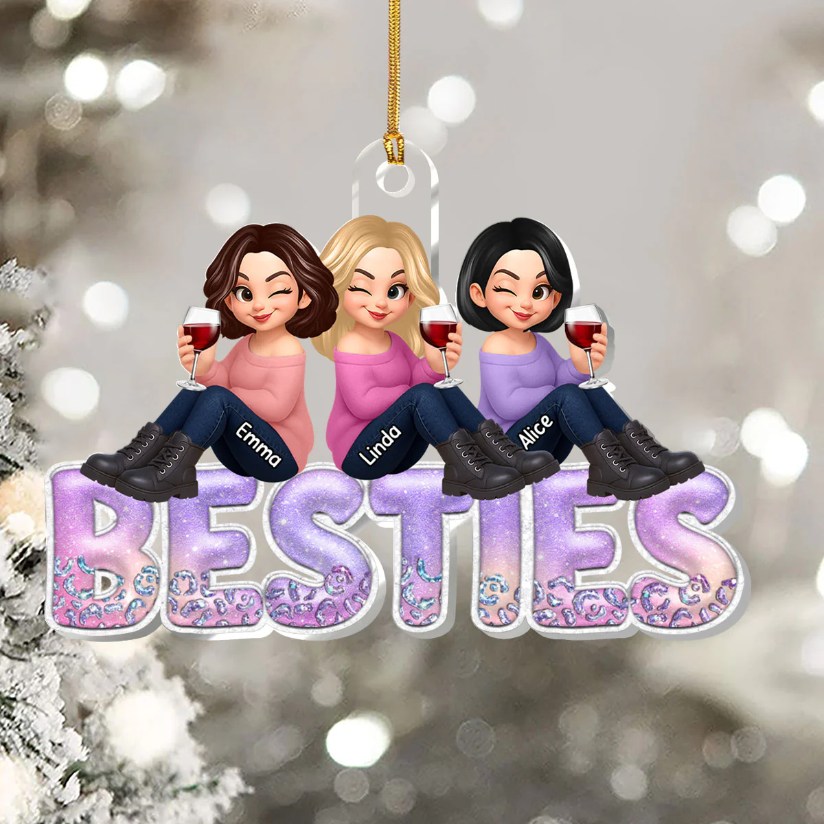 Leopard Glitter Besties Sisters - Personalized 1-Layer Acrylic Ornament - Image 5