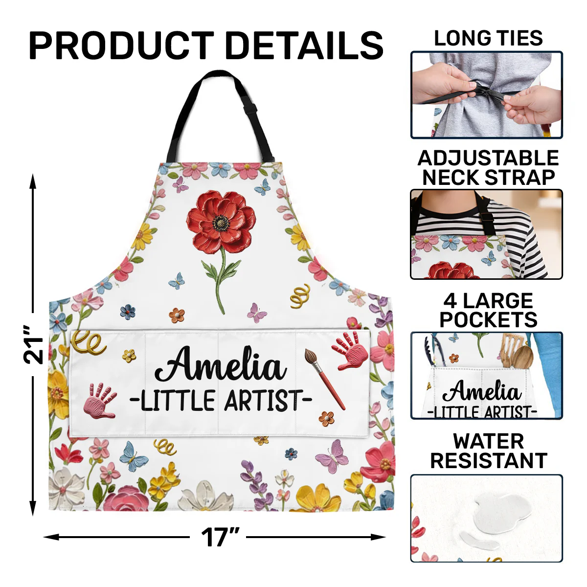 Little Artist Flower  - Personalized Kid Apron With Pocket - Image 4