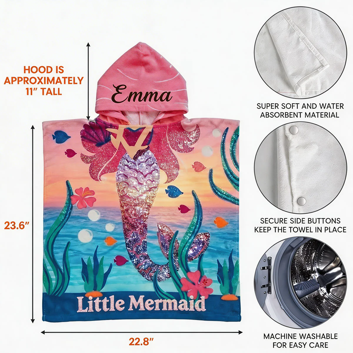 Little Mermaid - Personalized Kids Hooded Beach Towel - Image 5
