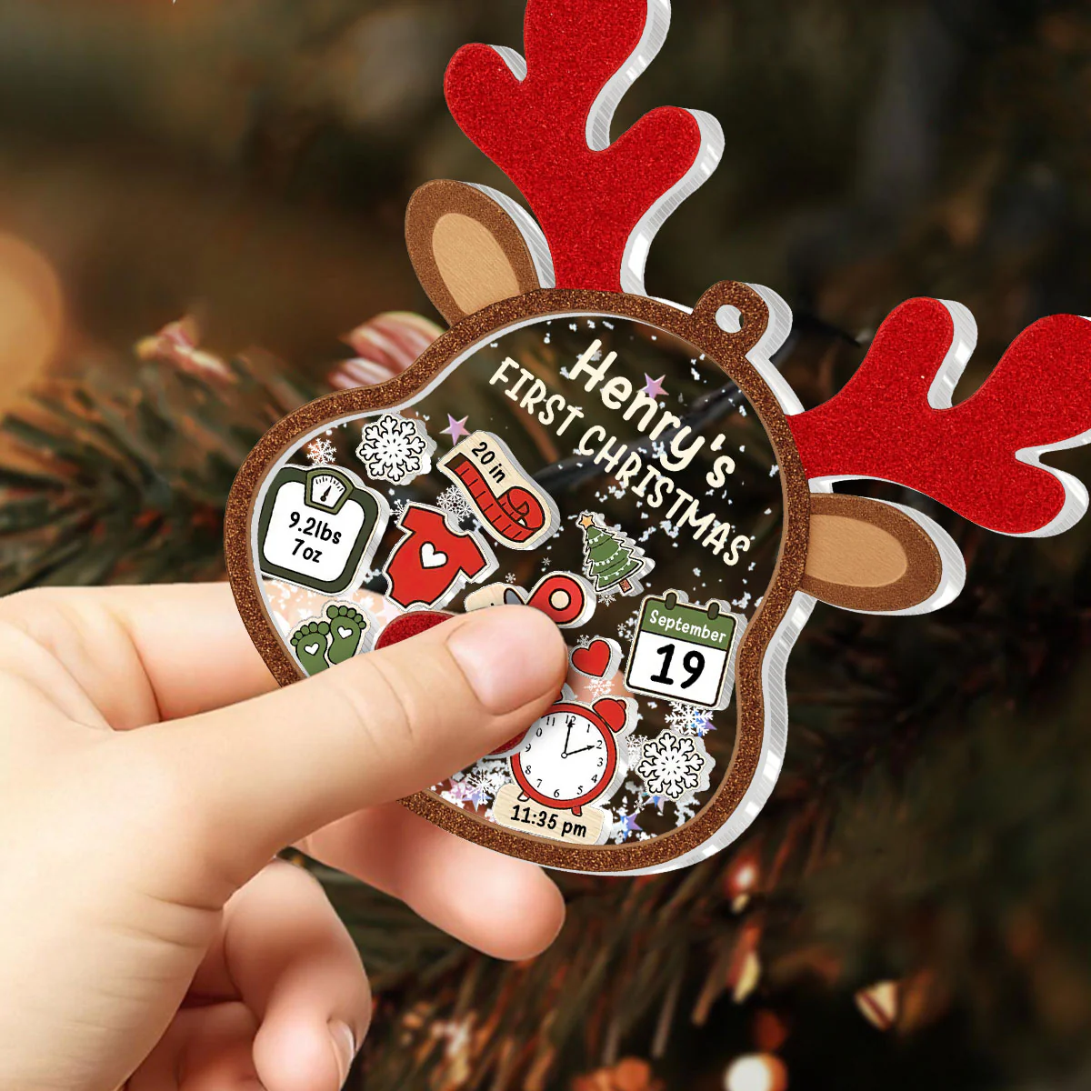 Little Reindeer Baby's First Christmas - Personalized 3 Layered Christmas Shaker Ornament - Image 2
