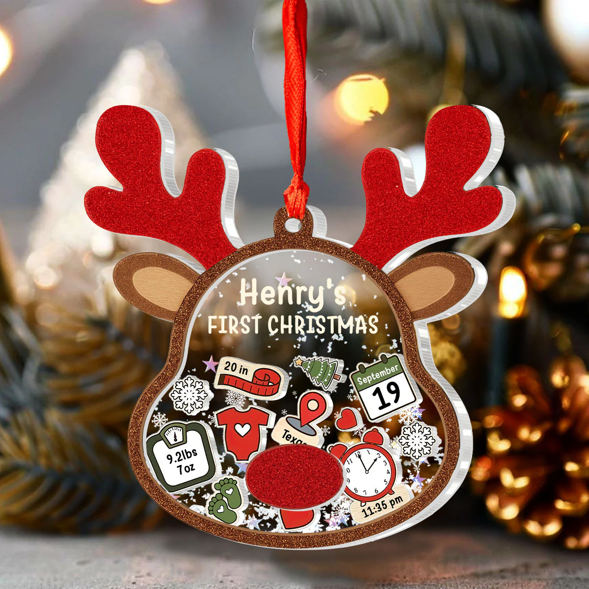 Little Reindeer Baby's First Christmas - Personalized 3 Layered Christmas Shaker Ornament - Image 3