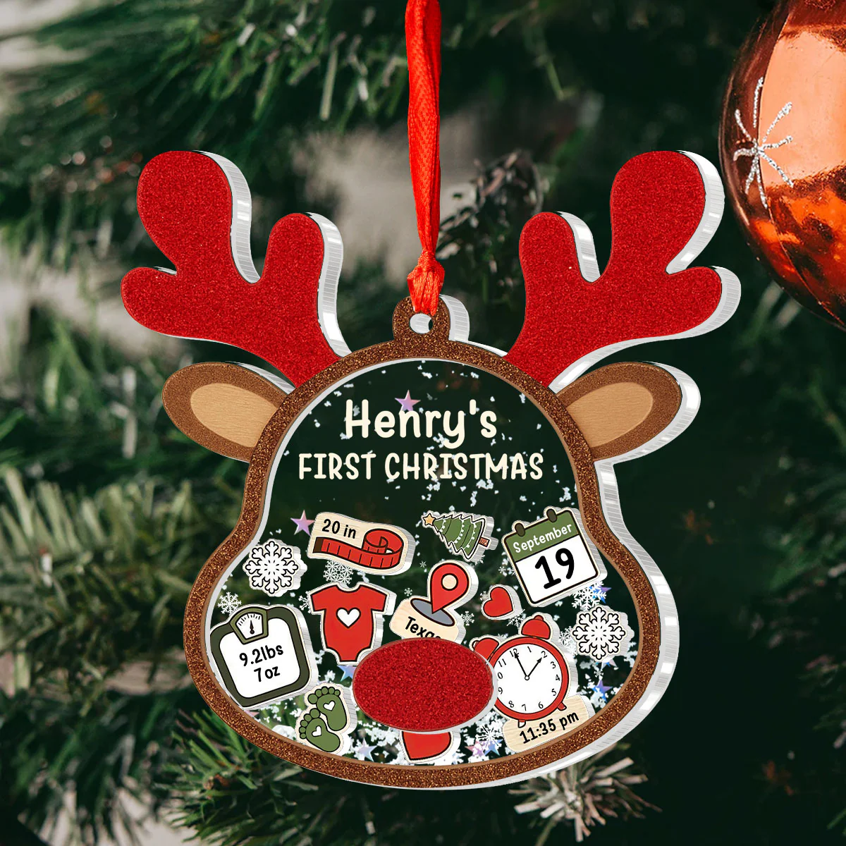 Little Reindeer Baby's First Christmas - Personalized 3 Layered Christmas Shaker Ornament - Image 4