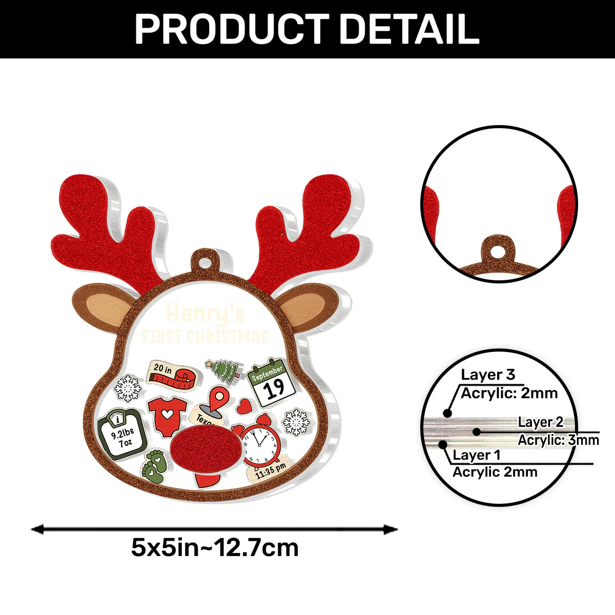 Little Reindeer Baby's First Christmas - Personalized 3 Layered Christmas Shaker Ornament - Image 5