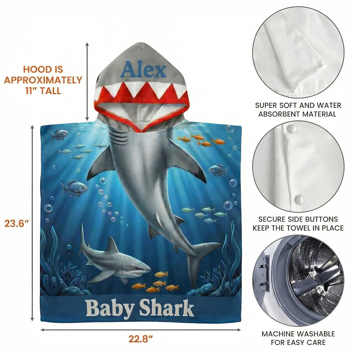 Little Shark - Personalized Kids Hooded Beach Towel - Image 3