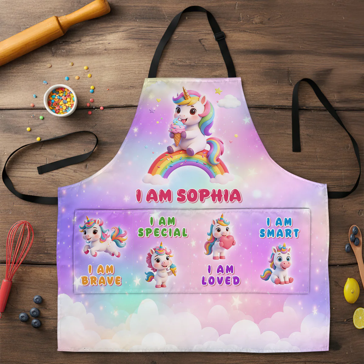 Little Unicorn Alphabet Magic - Personalized Kid Apron With Pocket - Image 3