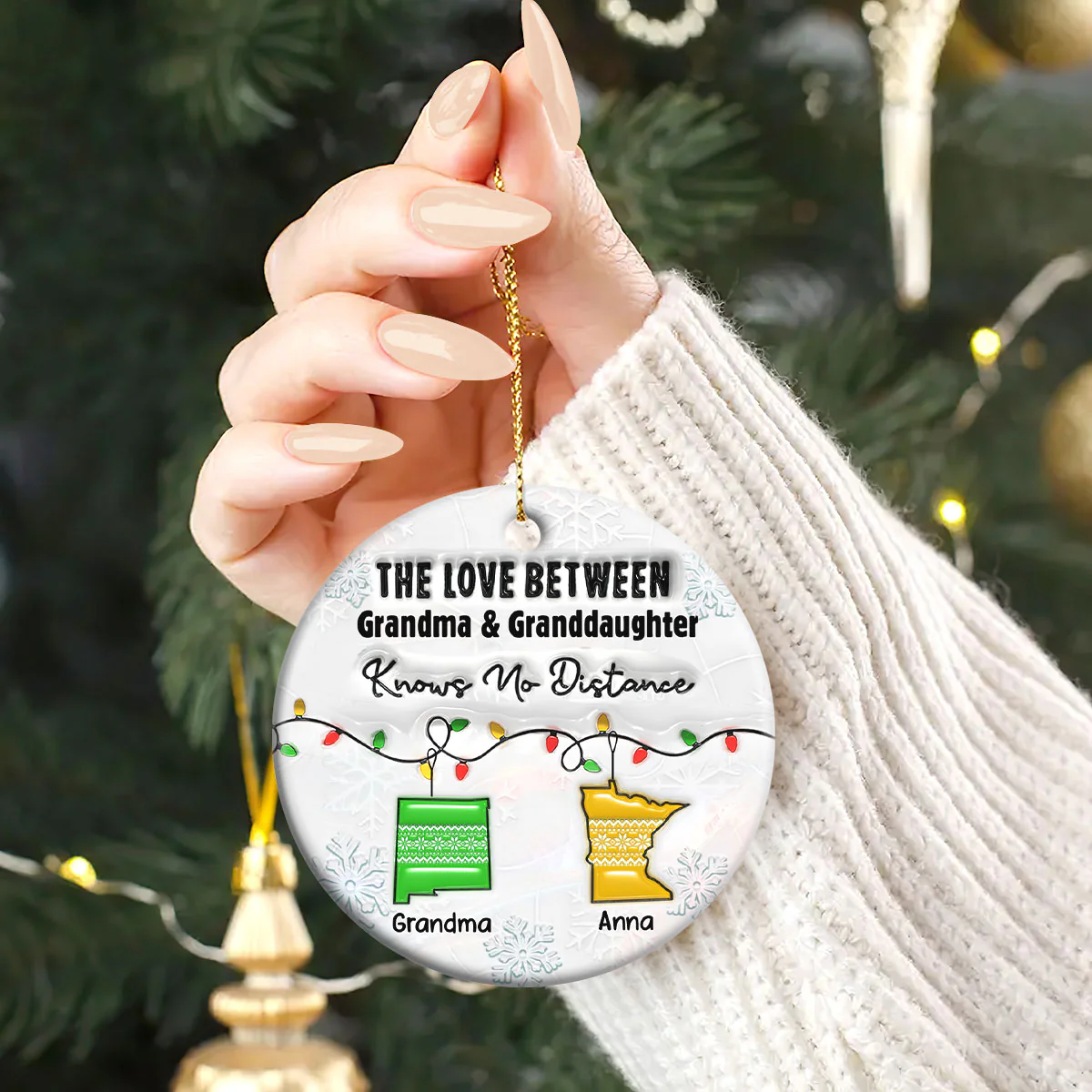 Love Between Grandma & Granddaughter Knows No Distance - Personalized Round Shaped Ceramic Ornament - Image 2