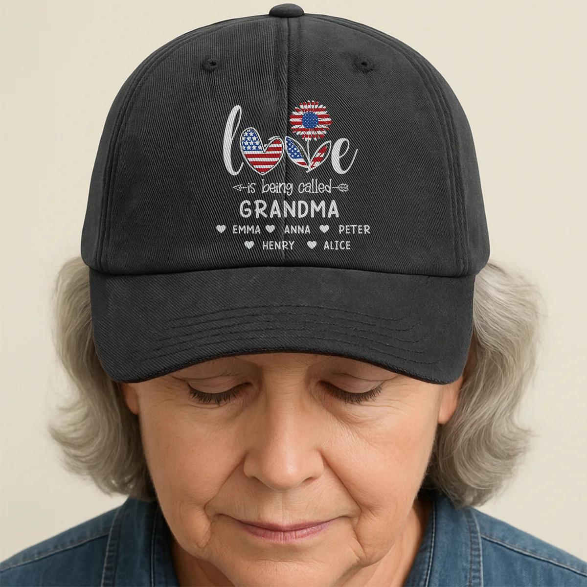 Love Is Being Called Grandma - Personalized Vintage Washed Denim Cap - Image 2