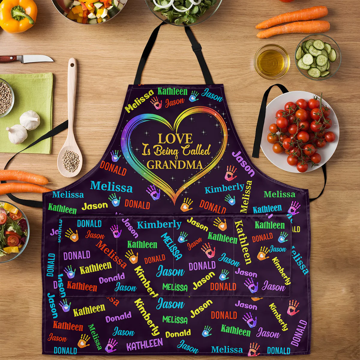 Love Is Being Called Grandma With Colorful Handprints - Personalized Apron With Pocket