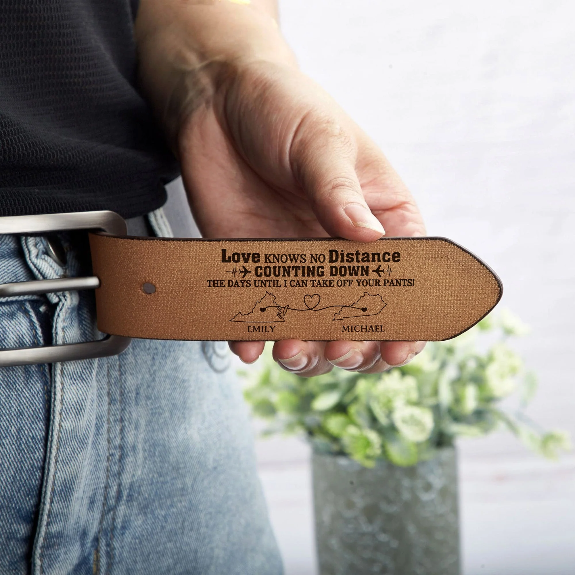 Love Knows No Distance - Personalized Engraved Leather Belt - Image 4