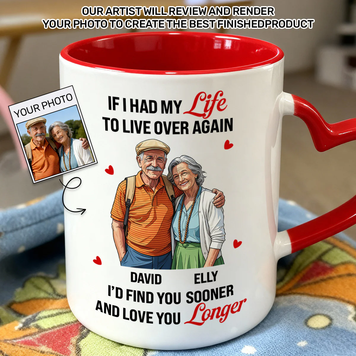 Love You Longer Gift For Husband And WIfe - Personalized Heart Handle Mug