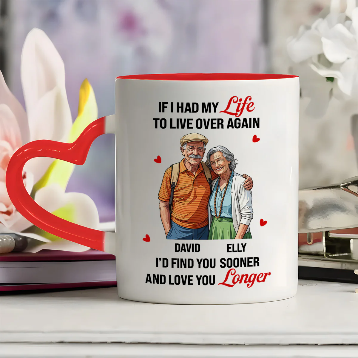 Love You Longer Gift For Husband And WIfe - Personalized Heart Handle Mug - Image 3