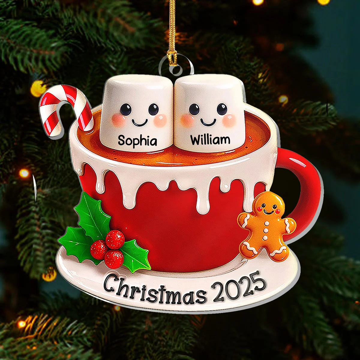 Marshmallow Christmas Hot Cocoa Couple New Married Family - Personalized 1-Layer Acrylic Ornament - Image 3