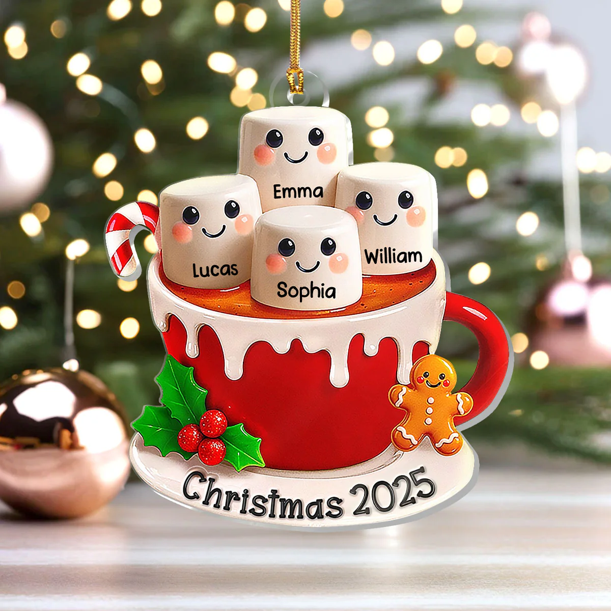 Marshmallow Christmas Hot Cocoa Couple New Married Family - Personalized 1-Layer Acrylic Ornament - Image 4