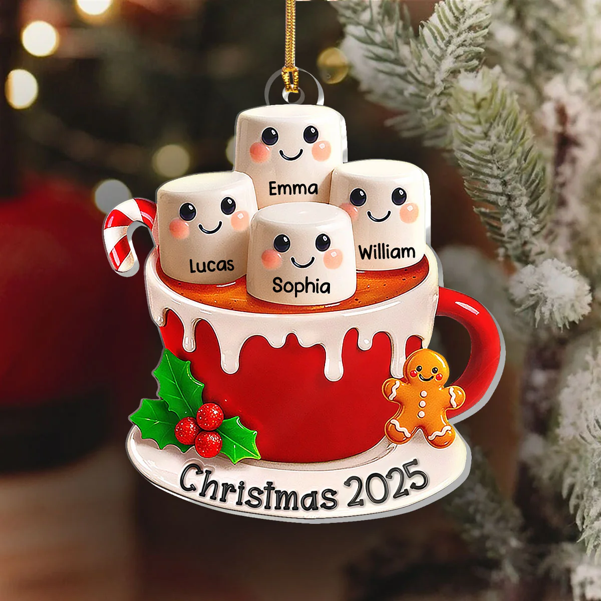 Marshmallow Christmas Hot Cocoa Couple New Married Family - Personalized 1-Layer Acrylic Ornament - Image 6
