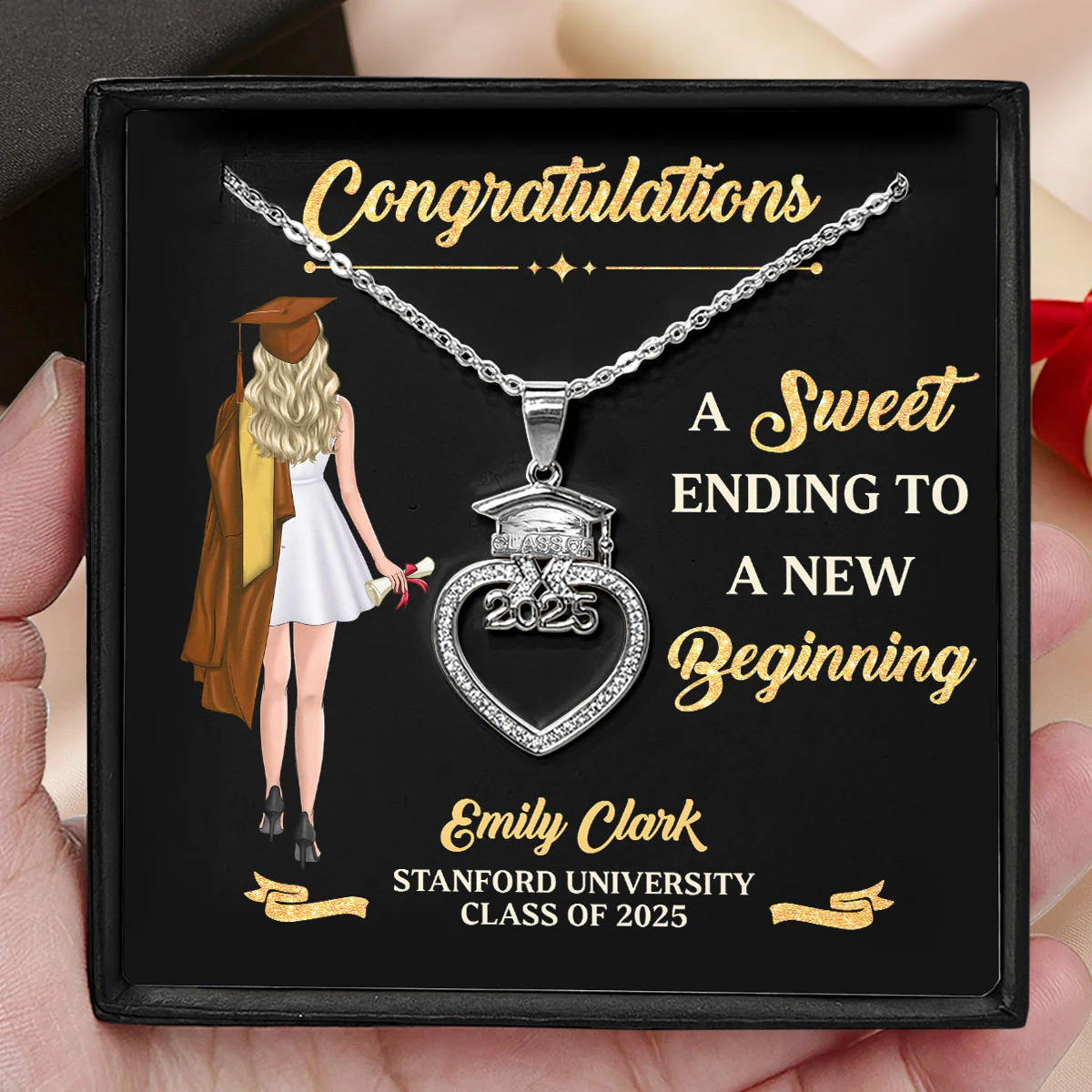 Meaningful Message To Graduates - Personalized Grad Cap Heart Necklace With Box&Card - Image 3