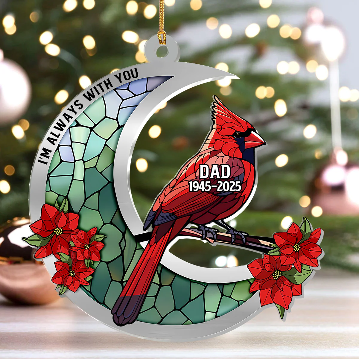 Memorial Cardinal Stained Glass Moon - Personalized 1-Layer Acrylic Ornament - Image 4