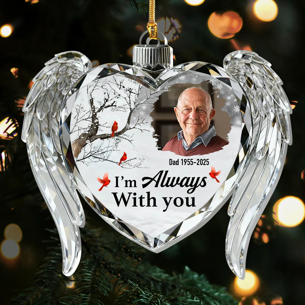 Memorial Crystal Heart Wings - Personalized 1-Layer Acrylic Ornament