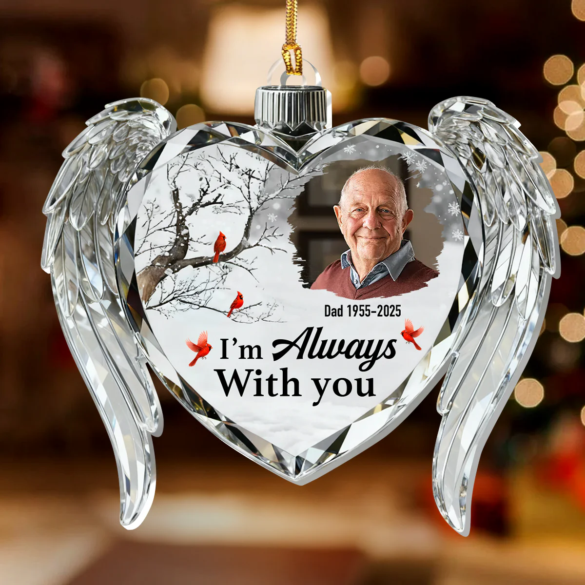Memorial Crystal Heart Wings - Personalized 1-Layer Acrylic Ornament - Image 3