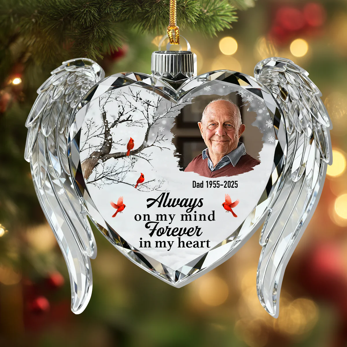 Memorial Crystal Heart Wings - Personalized 1-Layer Acrylic Ornament - Image 4