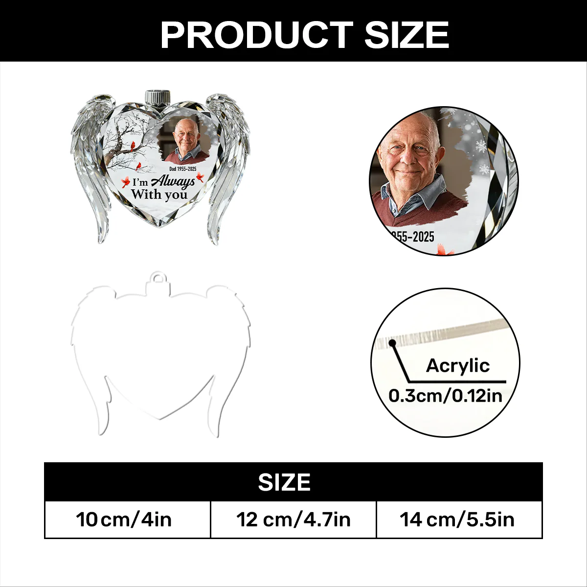 Memorial Crystal Heart Wings - Personalized 1-Layer Acrylic Ornament - Image 5
