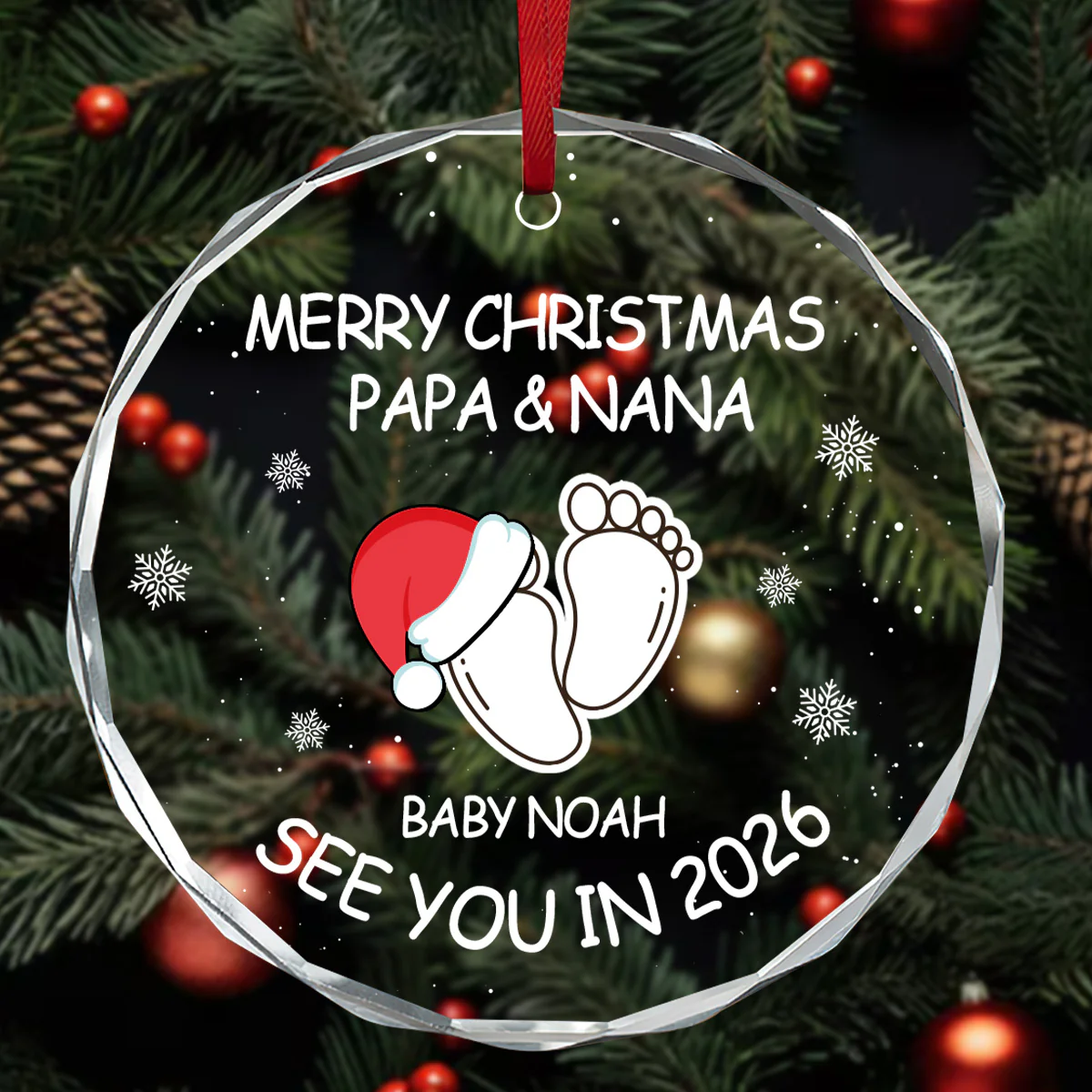 Merry Christmas Baby Expecting - Personalized Round Shaped Glass Ornament - Image 3