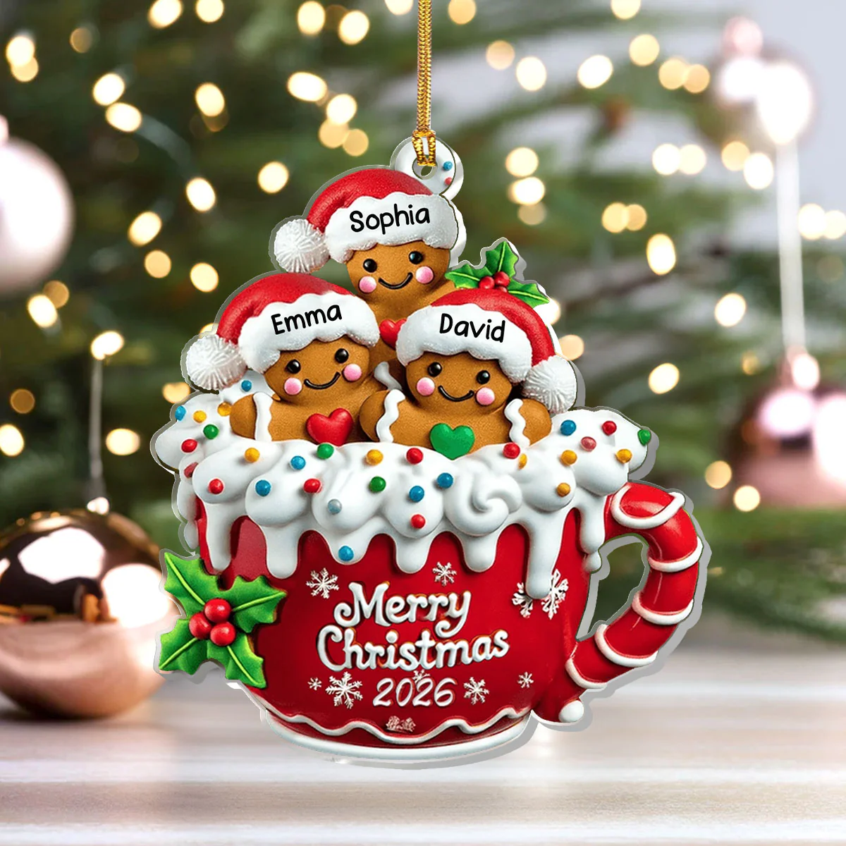 Merry Christmas Gingerbread Family - Personalized 1-Layer Acrylic Ornament - Image 4