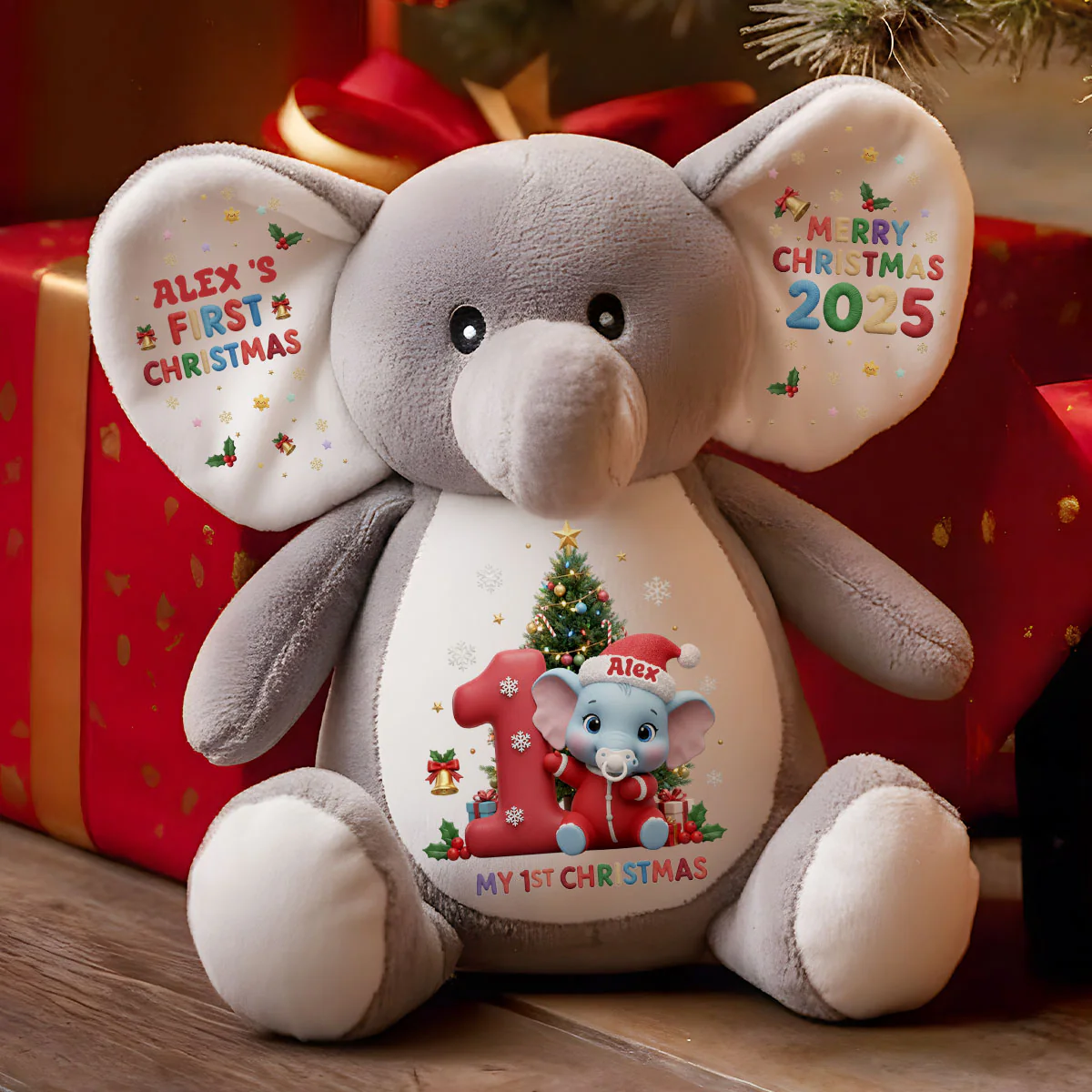 Merry Christmas, Little One! - Personalized Stuffed Elephant - Image 3
