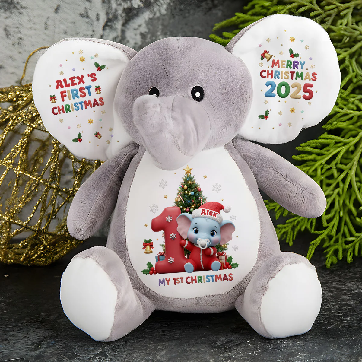 Merry Christmas, Little One! - Personalized Stuffed Elephant - Image 4