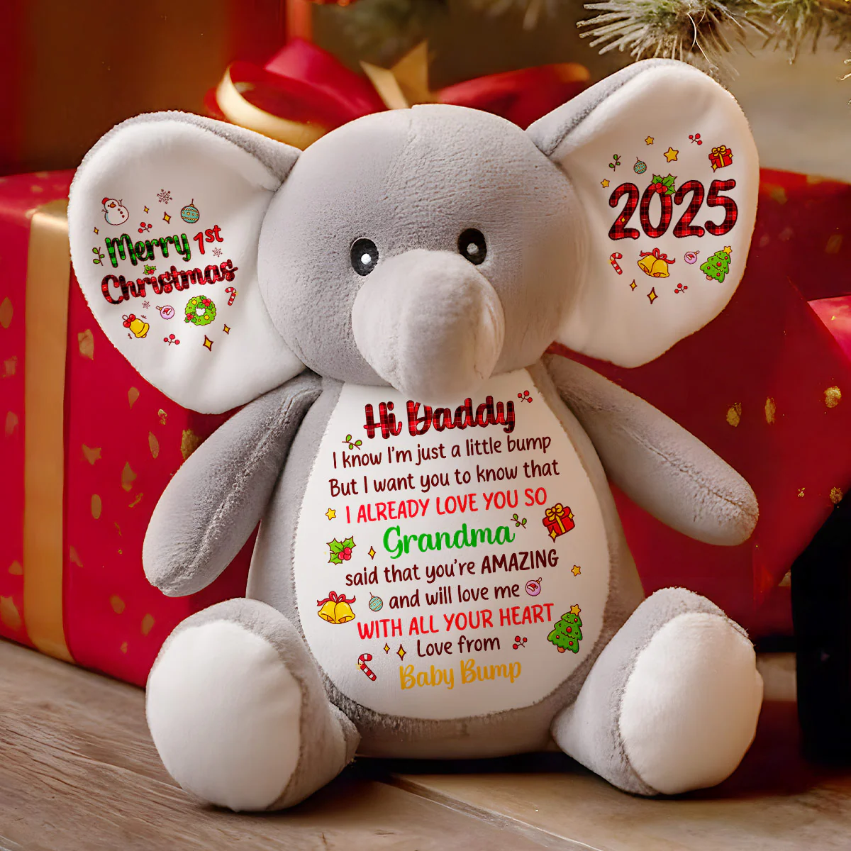 Merry Christmas Mommy I Love You - Personalized Stuffed Elephant - Image 2