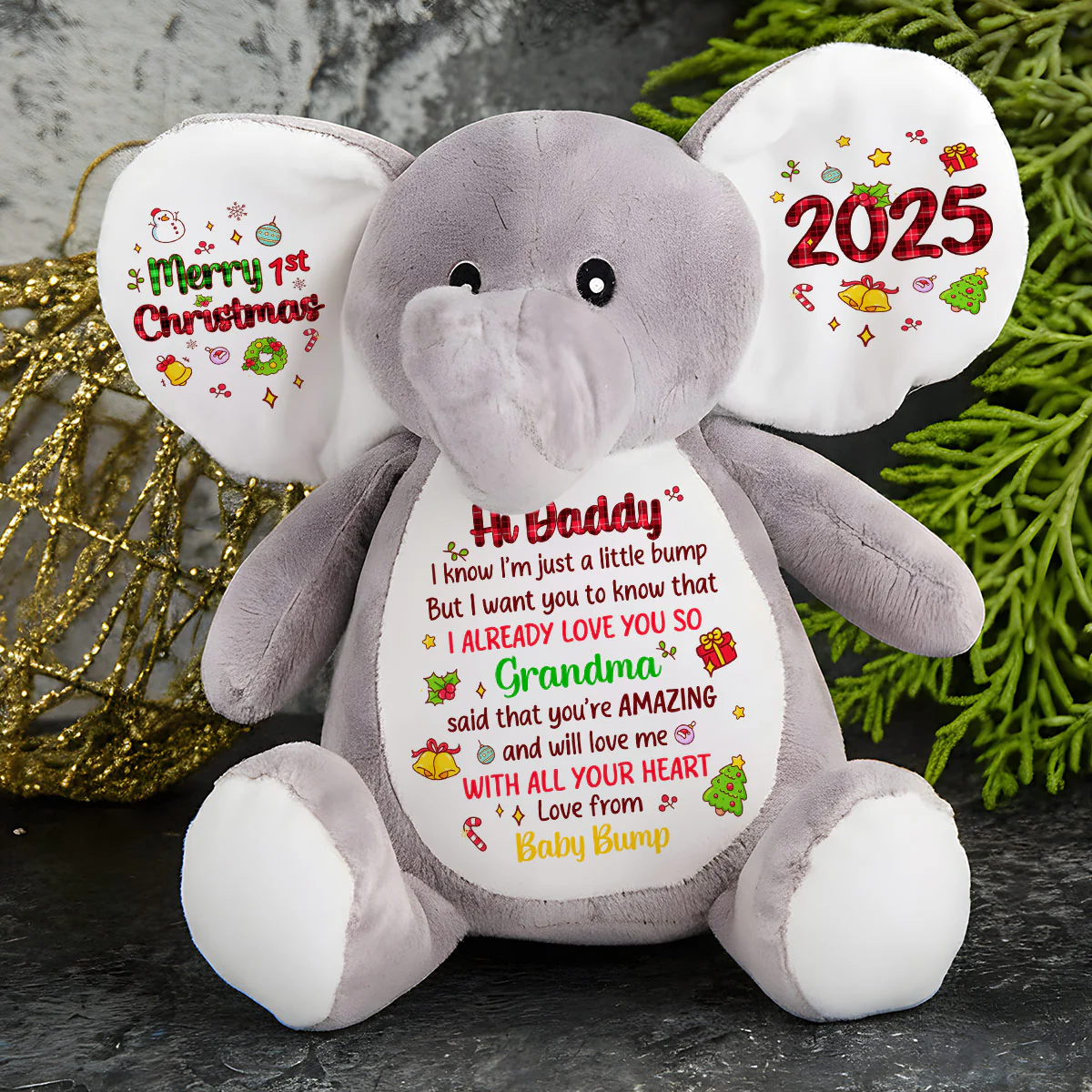 Merry Christmas Mommy I Love You - Personalized Stuffed Elephant - Image 3