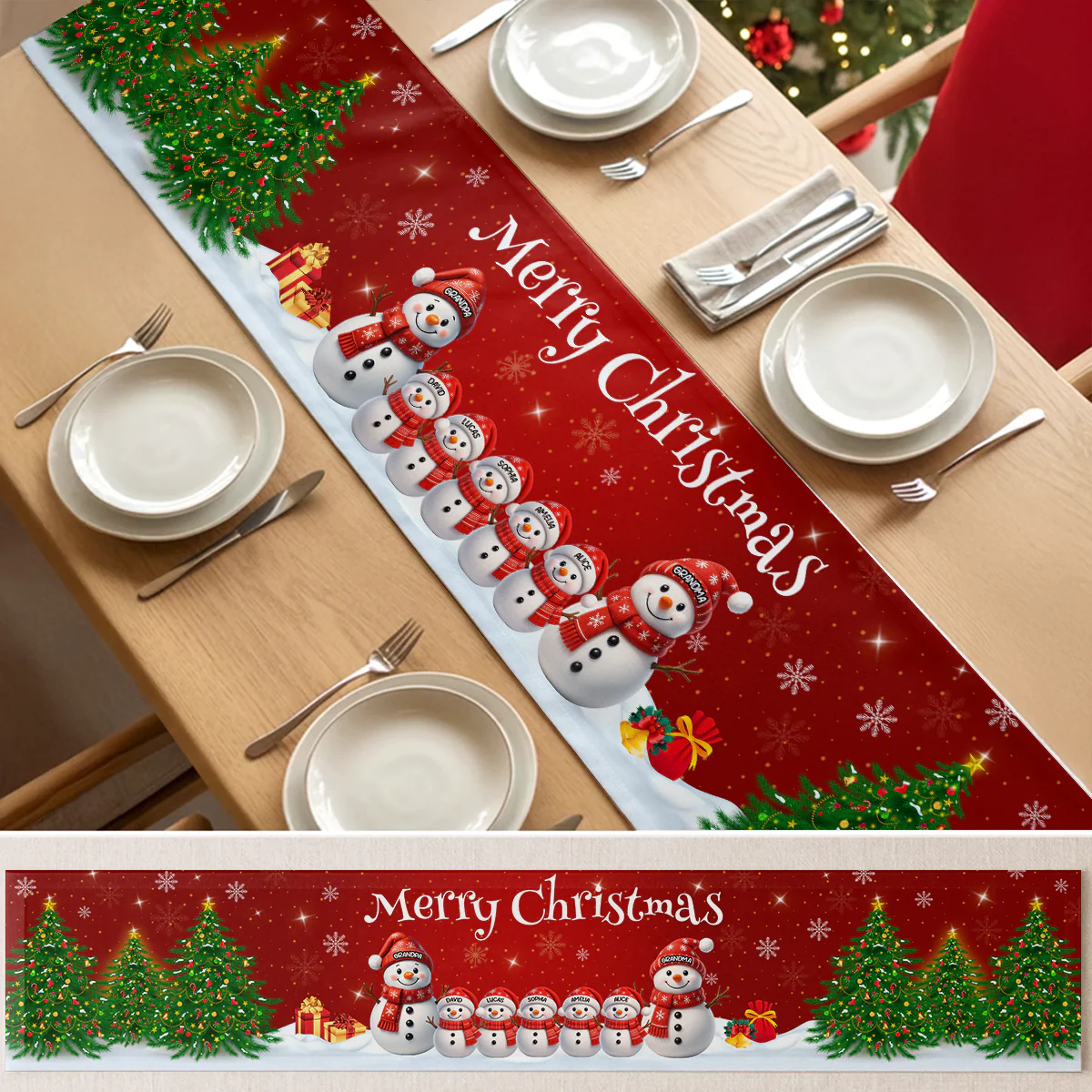 Merry Christmas Snowman Family - Personalized Table Runner