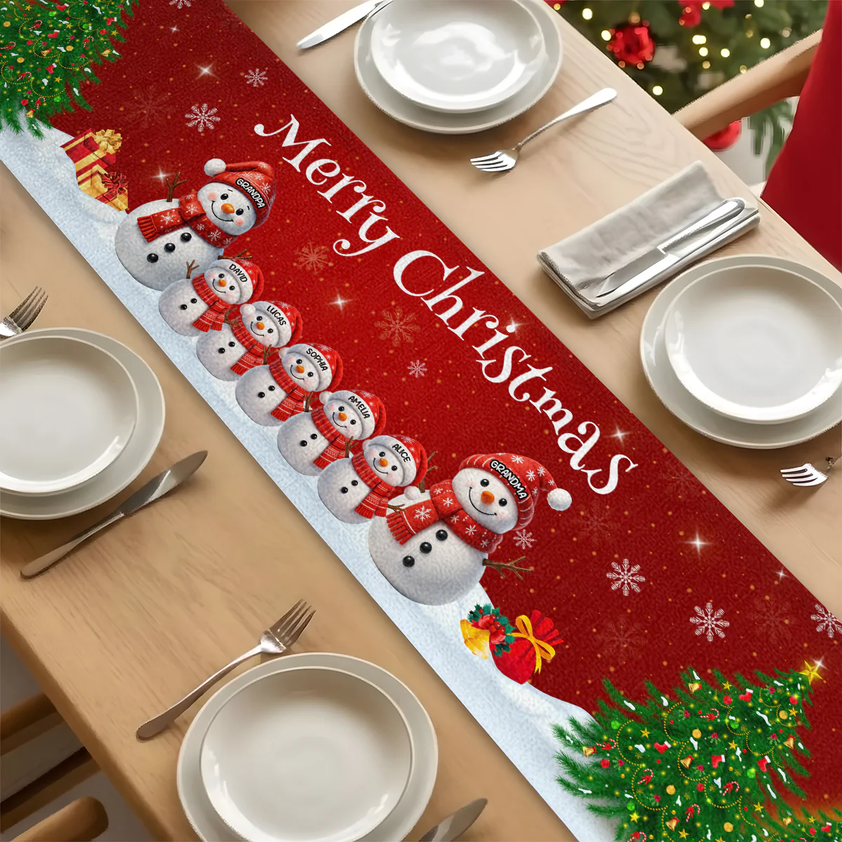 Merry Christmas Snowman Family - Personalized Table Runner - Image 3